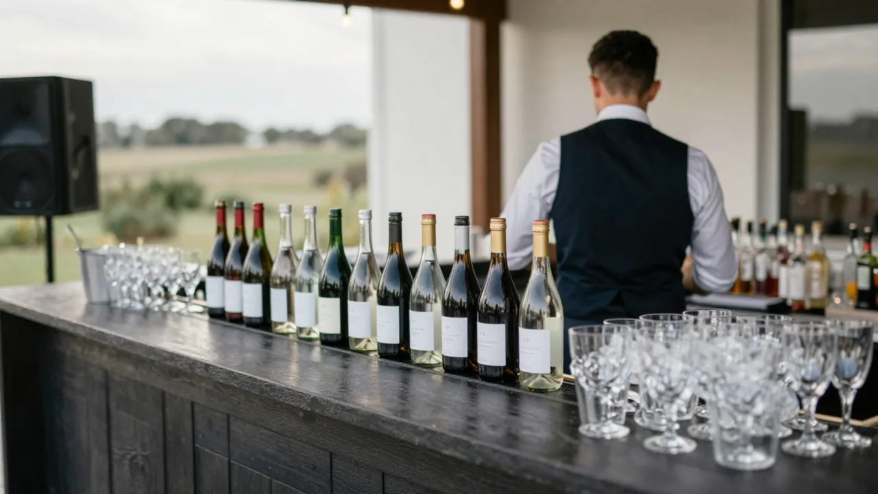 Bar de mariage avec bouteilles sans étiquette et verres préparés