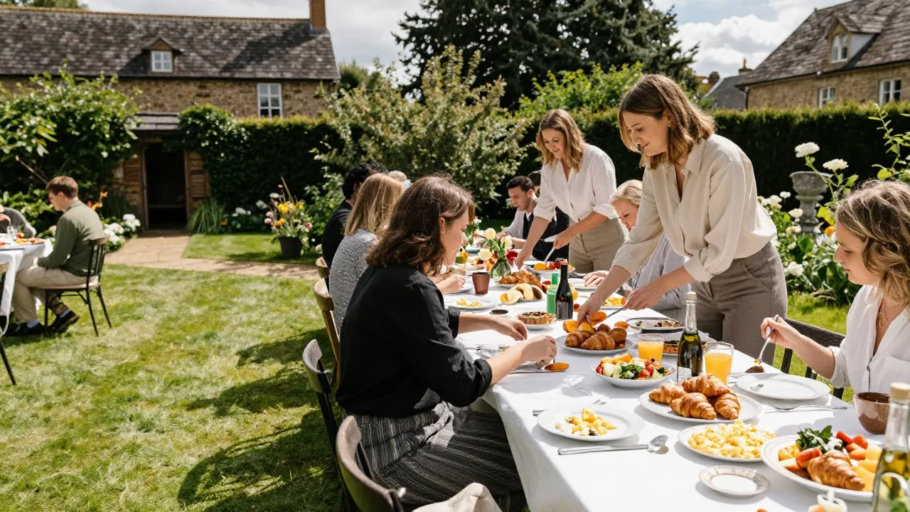 Invités se servant au brunch du lendemain de mariage dans un jardin