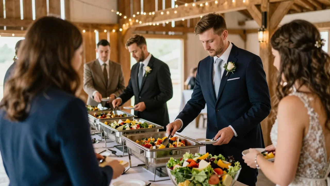 Invités se servant à un buffet chaud dans une grange aménagée pour un mariage