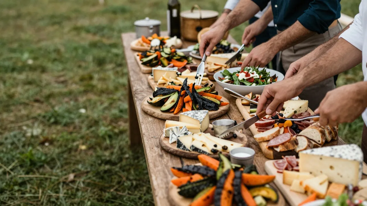 Buffet de mariage champêtre avec plateaux de salades, fromages et pains