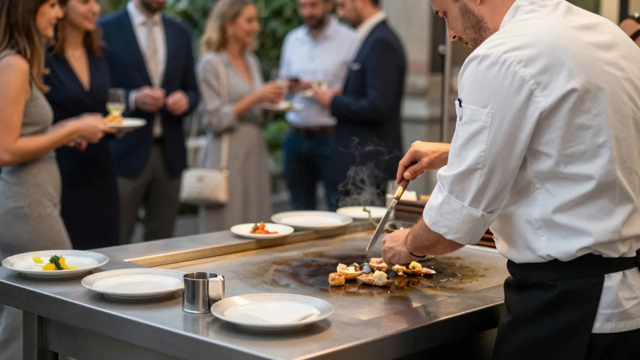 Atelier culinaire de cuisson à la plancha pendant un cocktail dînatoire de mariage