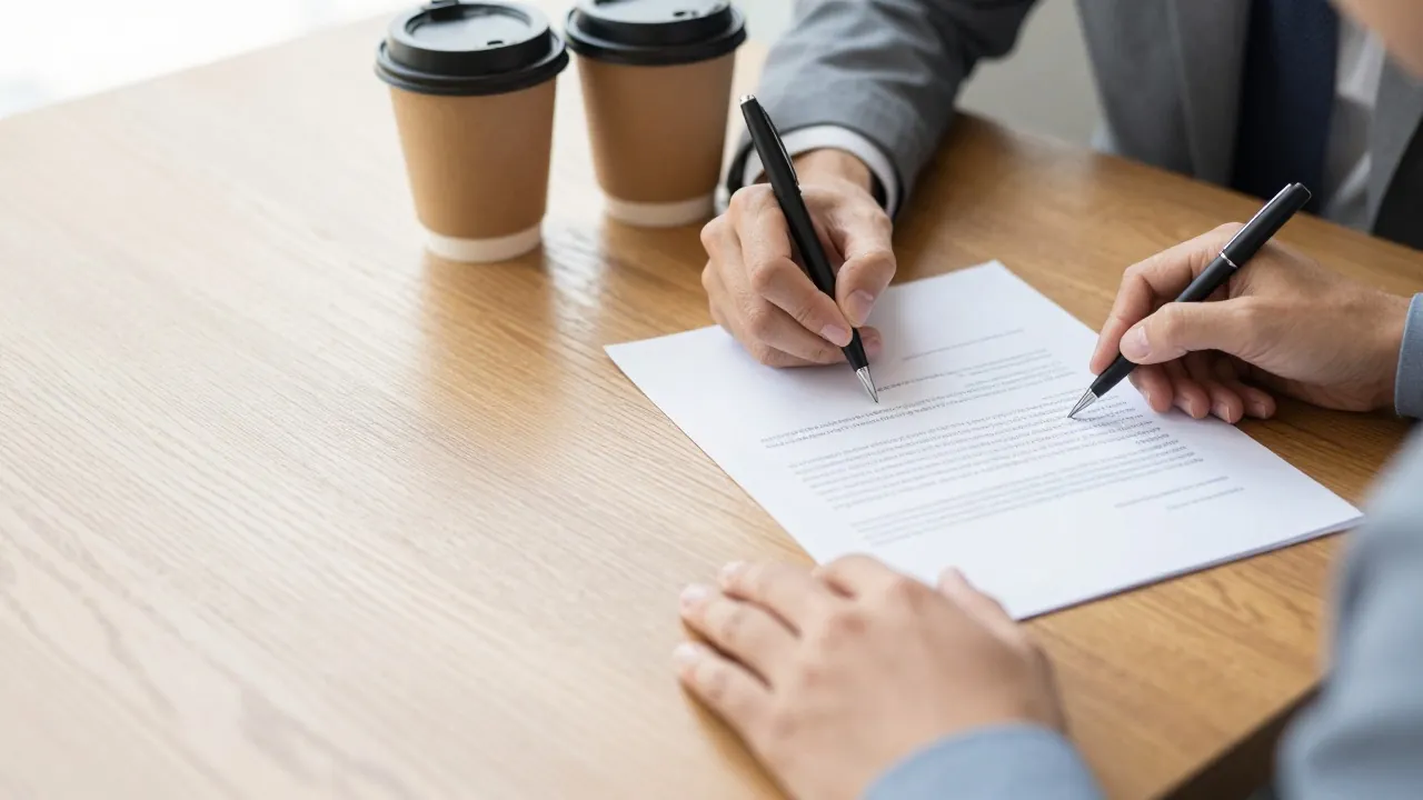Couple signant un contrat avec un traiteur de mariage