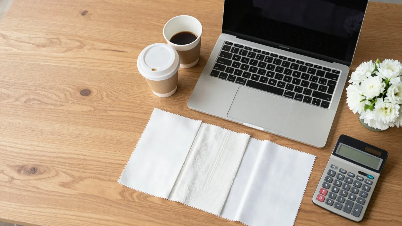 Ordinateur fermé, tasses de café et échantillons de tissus pour préparer le budget du mariage