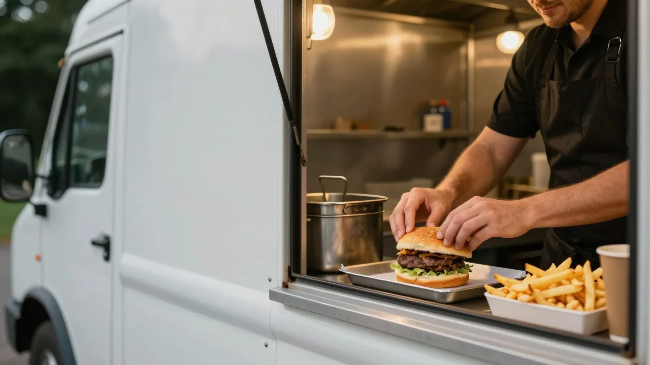 Cuisinier préparant des burgers dans un food truck lors d’un mariage