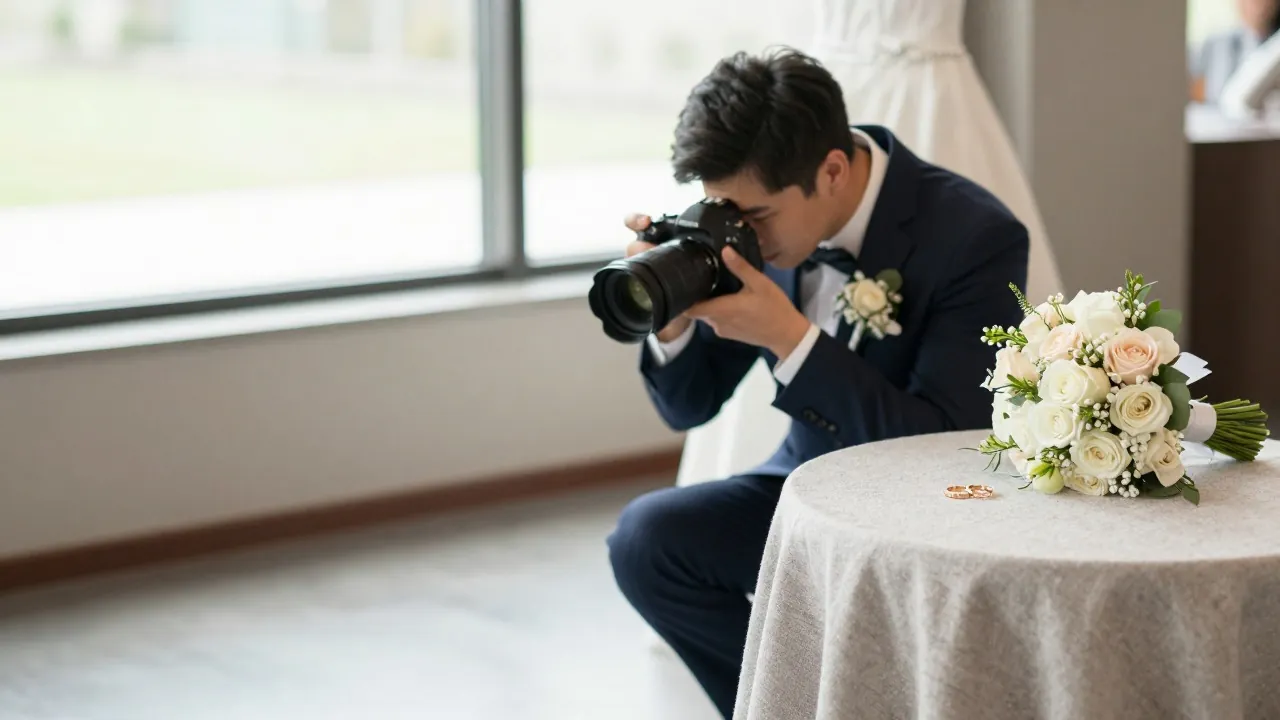 Photographe de mariage cadrant le bouquet et les alliances posés sur une table de réception