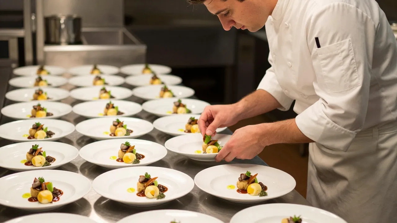 Chef finissant le dressage des plats principaux d’un repas de mariage