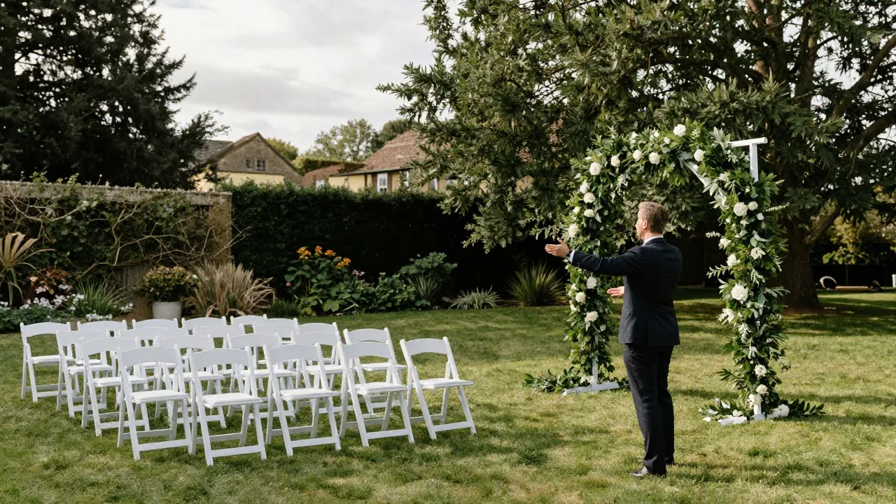 Coordinateur de mariage préparant l’espace de cérémonie en plein air avant l’arrivée des invités