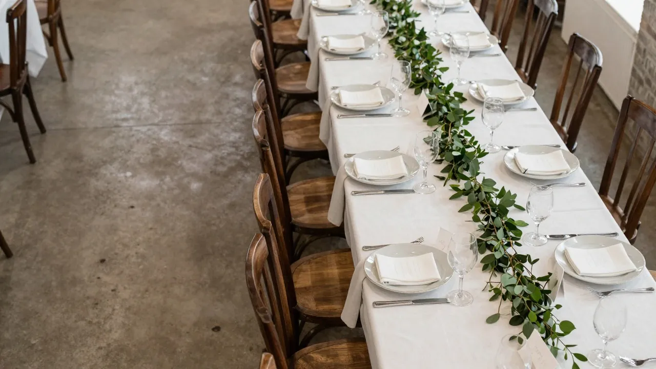Longue table de mariage dressée avec des couverts identiques pour de nombreux invités