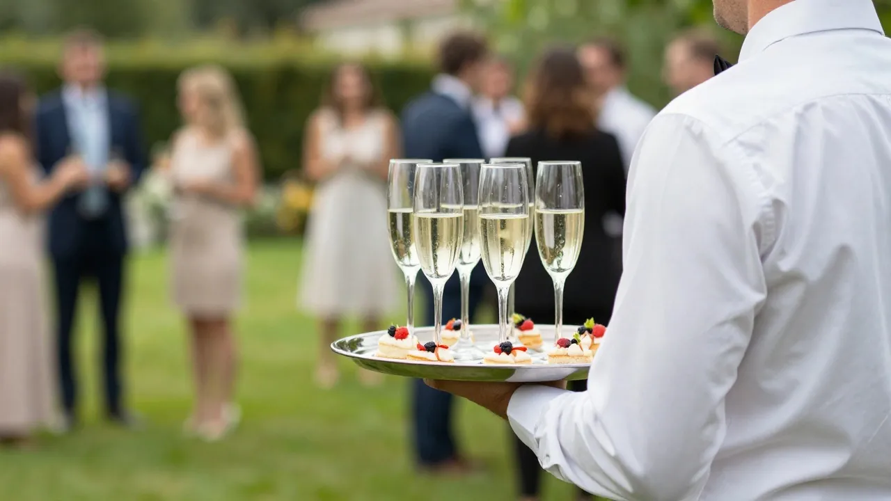 Champagne versé dans des flûtes lors d’un vin d’honneur de mariage